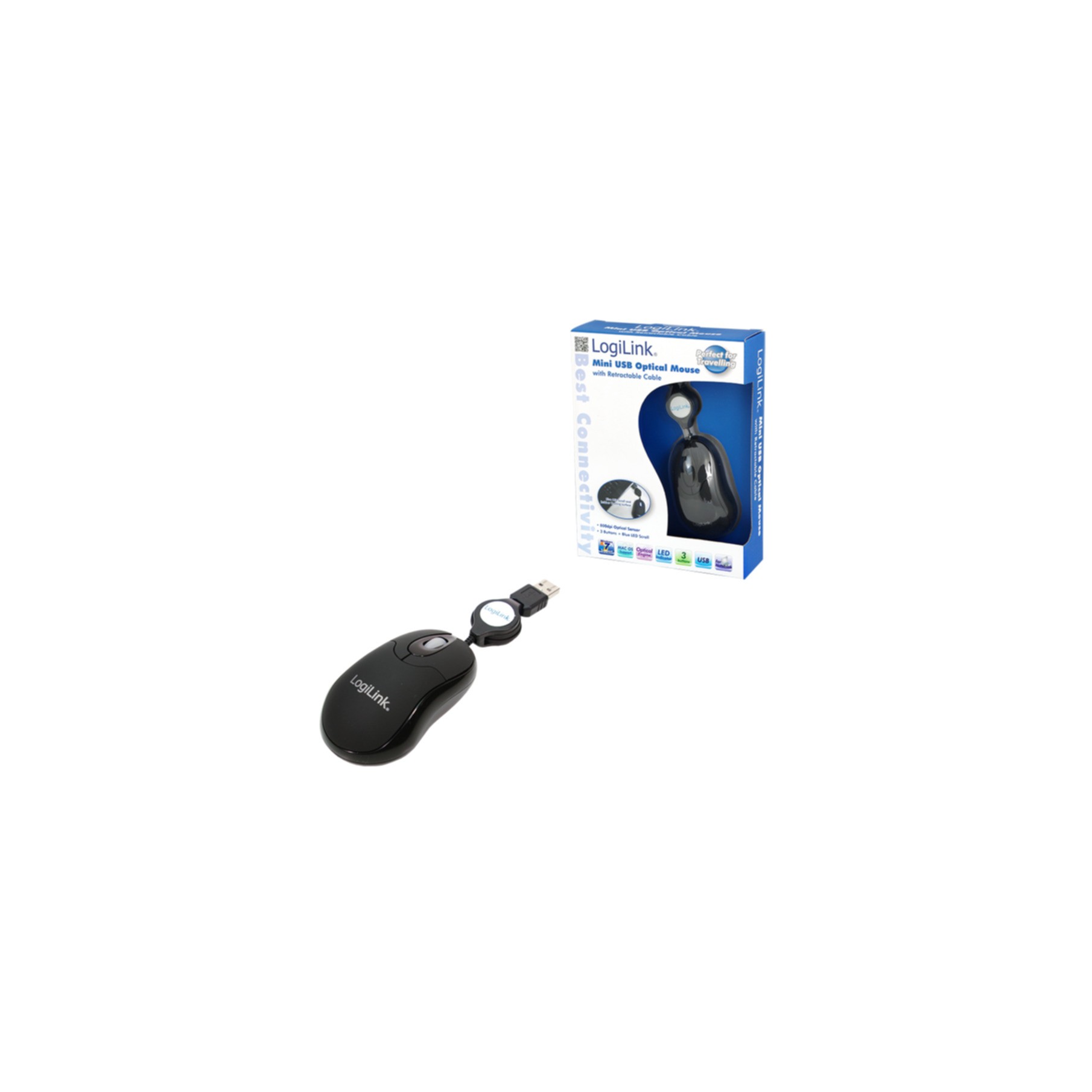Mouse LogiLink optisch USB Mini mit Kabeleinzug, schwarz (ID0016)