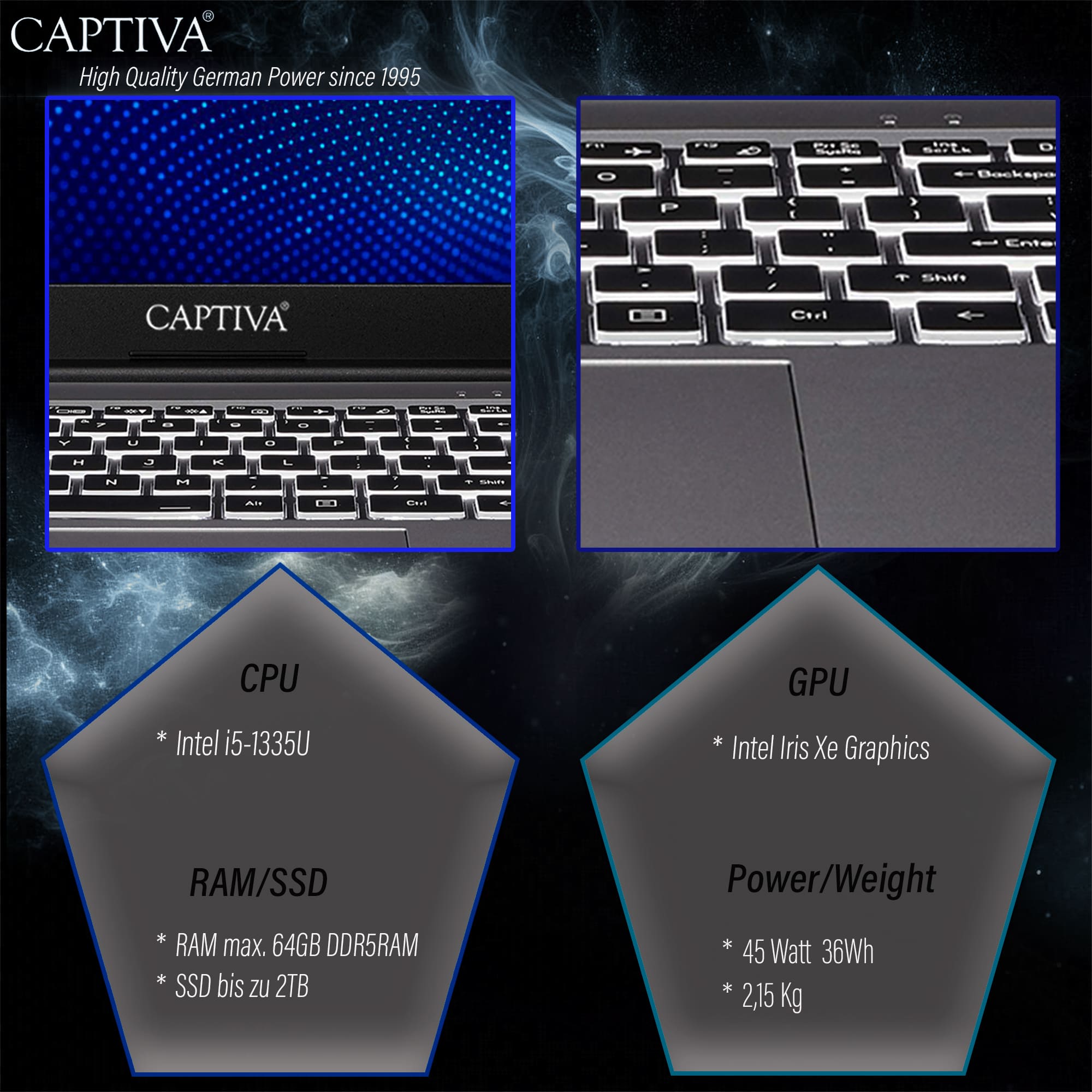 Captiva Notebook Business/Office I10-1432GE (17,3"/i5-1335U/Intel Iris Xe Graphics/SSD 1TB/32GB/WLAN/BT/Win 11 Pro/w/o PSU)