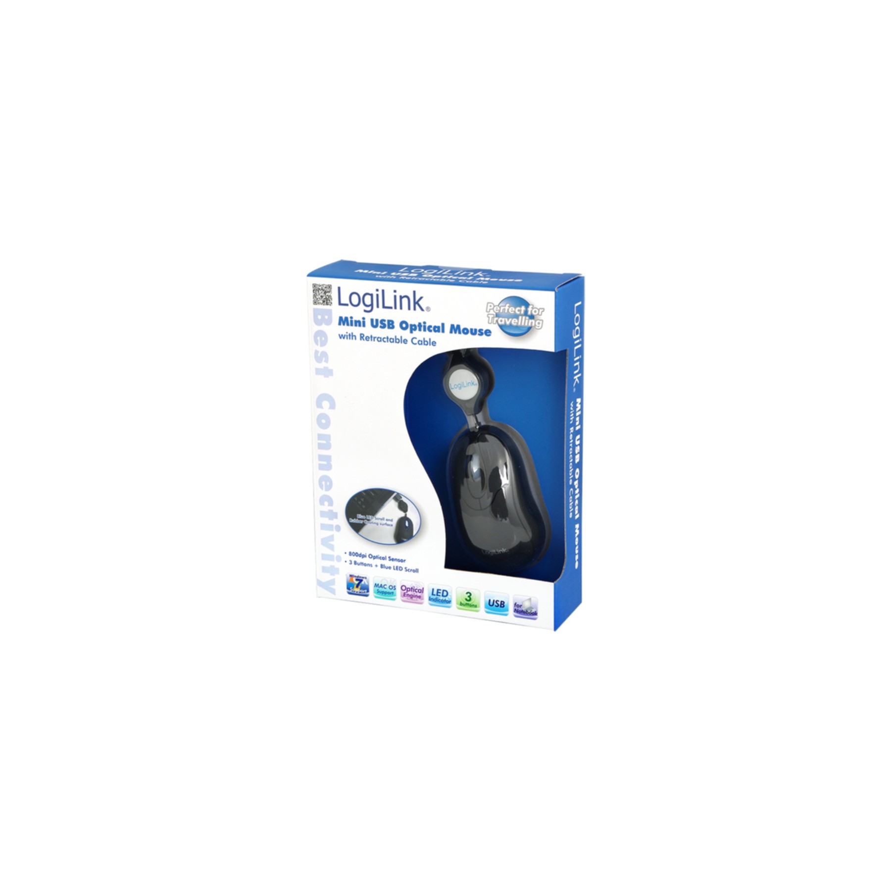 Mouse LogiLink optisch USB Mini mit Kabeleinzug, schwarz (ID0016)